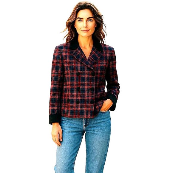 Vintage 90's Jones N.Y. Plaid Double-Breasted Pea Blazer Coat Cropped Wool - Picture 10 of 14